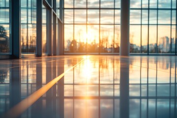 Fototapeta premium Blurred modern office interior with glass walls and light reflections on the floor, for background