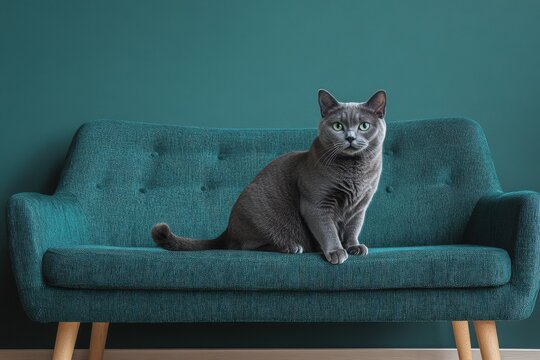 Photorealistic image of adult Russian Blue cat in stylish setting