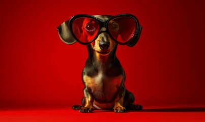 A frustrated dachshund with dark heart-shaped glasses on a red backdrop, symbolizing emotional detachment in relationships.