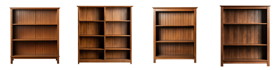 Minimalist wooden bookshelves in a spacious and well lit room  The clean and simple design of these shelves offers ample storage and display space for books decorative items