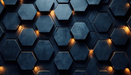 Glowing hexagons on dark wall, abstract background, tech design