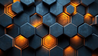 Glowing hexagons on dark textured wall, background/texture