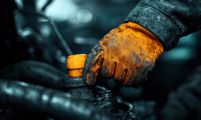 Close-Up of Mechanic's Hand in Orange Glove Adjusting Machinery in Industrial Setting, Highlighting Precision and Skill in Automotive Repair and Equipment Maintenance