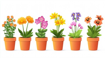 Colorful Flower in Pot Vector Illustration, Isolated 2D Flat Design