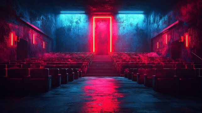 Neon-lit empty movie theater with red portal. - Powered by Adobe