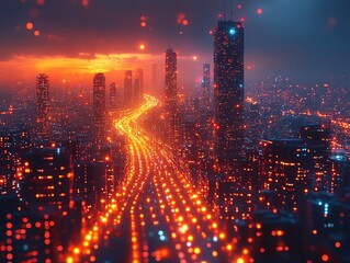 Obraz premium Glowing highway through futuristic city at sunset