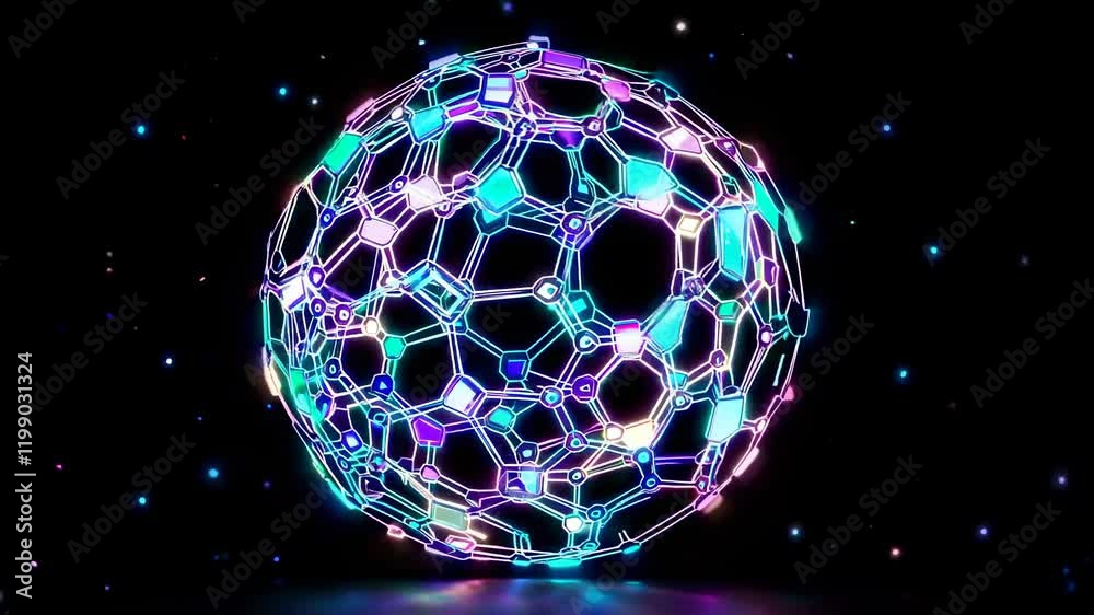 Poster exploring a vibrant digital sphere with intricate patterns and glowing connections in a dark setting
