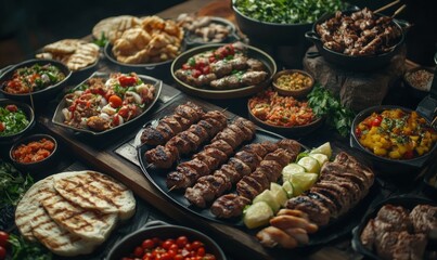 Arabic grilled arabic food dishes kebab, dolma, mansaf, shawarma Turkish and Arabic Traditional Ramadan