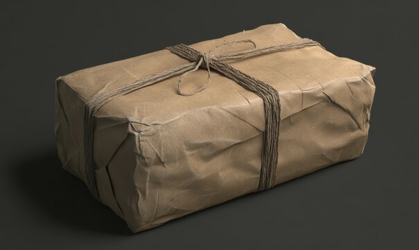A parcel wrapped in brown paper and tied with brown string, perfect for use as a prop or element in different scenes.