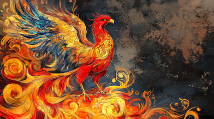 Fototapeta premium mystical phoenix rising from flames, showcasing vibrant colors and intricate patterns, symbolizes rebirth and transformation. Its majestic wings spread wide, embodying strength and beauty