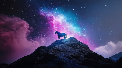 Fototapeta premium mystical unicorn stands majestically on mountain under galaxy themed sky, surrounded by vibrant colors and stars, evoking sense of wonder and magic