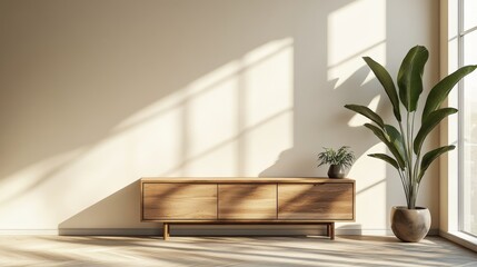 Fototapeta premium Wooden TV cabinet in modern living room design in beige color wall