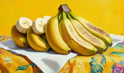 Bananas in various stages of ripeness on a bright yellow tablecloth with a white napkin
