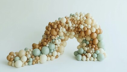 Elegant organic balloon garland arch in muted sage, beige & cream tones; perfect for weddings, birthdays, or events.