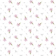 Floral pattern. Seamless pattern with wild wildflower pink flowers. Flower blossom. Illustration in sketch and color style. Doodle and line drawing. Summer design for textile, packaging, paper