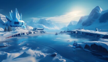 A winter mountain landscape with a river flowing through it, and a snow-covered building in the background.