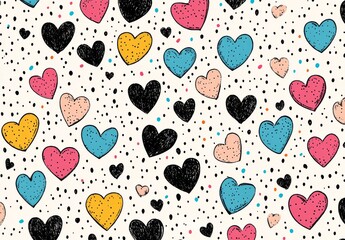 A seamless pattern of colorful hearts with black outlines on white background