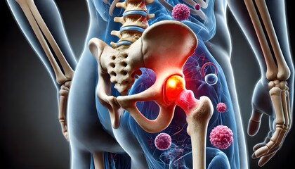 Hip bone cancer or tumor, one side pain. 3d illustration