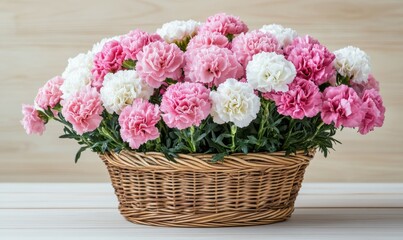 A wicker basket filled with pink and white carnations set on a light wood table.