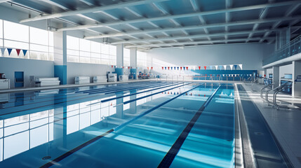 A wide-angle view of a bright and modern indoor swimming pool with a blue and white color scheme, featuring high ceilings, flags, and large windows for natural light.