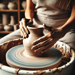 a woman's hands sculpting pottery on a spinning pottery wheel, showcasing the craftsmanship and creativity in a serene artisan studio.