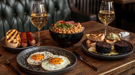 Pub brunch eggs, sausages, beans, toast, wine
