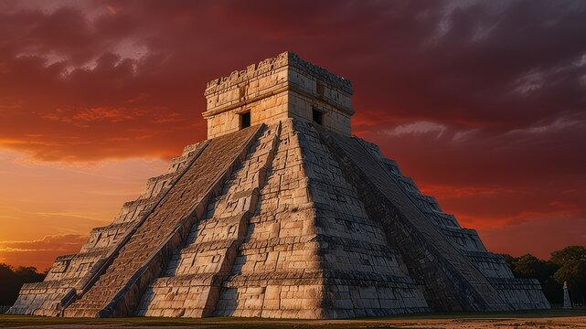 chichenitza in mexico during red sunset