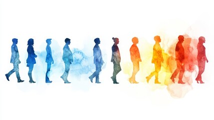 Obraz premium Silhouettes in Blue to Red Gradient, Abstract People, Watercolor Effect