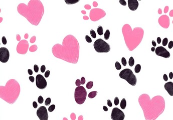 A seamless pattern of pink and black hearts with dog paw prints, on a white background.