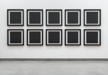 Wall of ten black square frames in a minimalist setting.