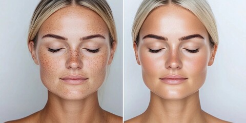 Woman's face before and after skin lightening and pigmentation reduction procedure. Skincare and cosmetic treatment concept. Close-up collage portrait for poster, commercial, design 