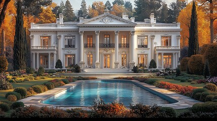 Naklejka premium Autumnal Mansion, Pool, Estate, Luxury Home, Design, Real Estate, Marketing.