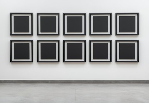 Wall of ten black square frames in a minimalist setting.