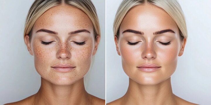 Woman's face before and after skin lightening and pigmentation reduction procedure. Skincare and cosmetic treatment concept. Close-up collage portrait for poster, commercial, design 