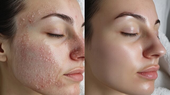 Girl's face before and after treatment of eczema and rashes. Dermatological diseases, skincare and cosmetic treatment concept. Close-up collage portrait for poster, commercial, design