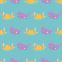 Sealife Cute Animals Vector Seamless Pattern