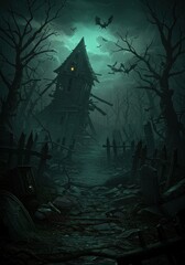 Fototapeta premium Eerie haunted house amid gnarled trees with creepy bats in foggy night sky