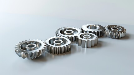 A 3D animation of metallic gears spinning smoothly in sync, set against a white background, showcasing clean, uncluttered motion.