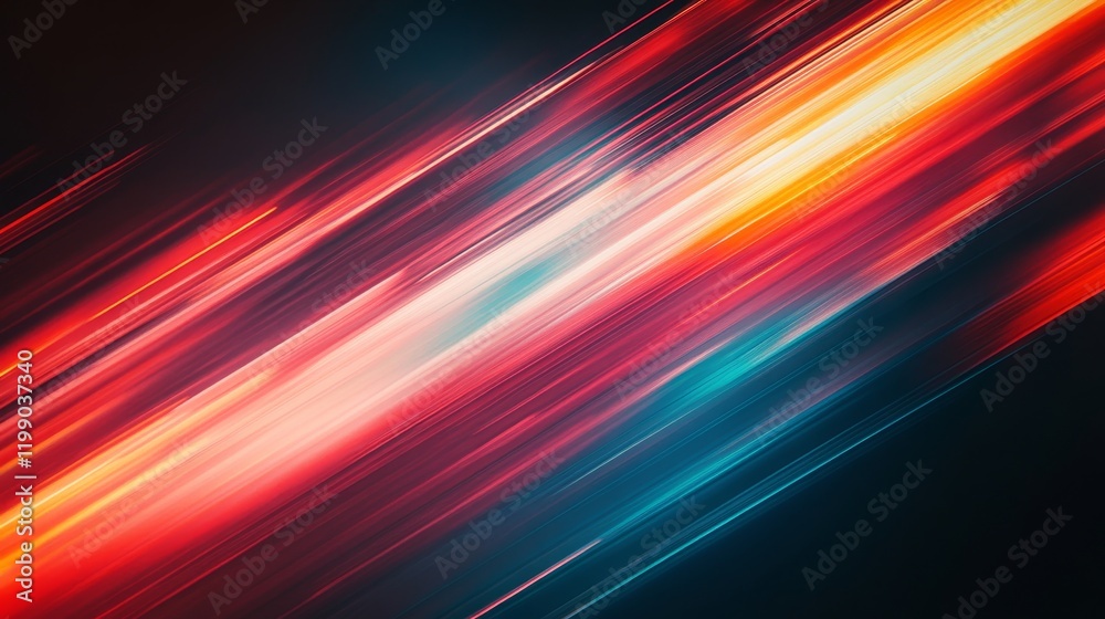 Poster dynamic abstract background with vibrant red, orange, and teal light streaks on a dark background.
