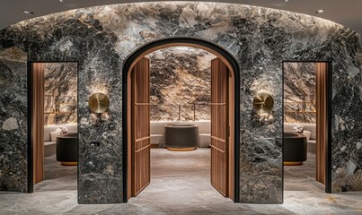 Obraz premium Luxurious spa entrance with arched doorway, dark marble walls, and wooden accents. Elegant and tranquil atmosphere.