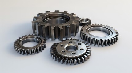 A 3D animation of metallic gears spinning smoothly in sync, set against a white background, showcasing clean, uncluttered motion.