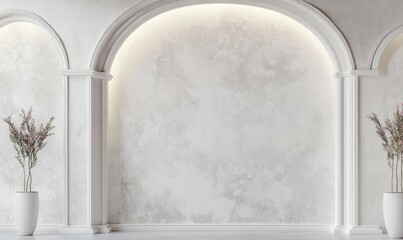 Abstract white stucco wall with ornate light wallpaper for background, contemporary, clean, artistic, sophistication