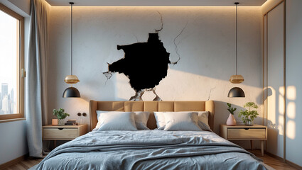 front view of beautiful bed room with one black broken hole in wall