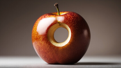 close-up photograph of a solitary, juicy apple with a perfectly circular hole carved out of its center, showcasing intricate, realistic texture and detailed skin patterns, copy-space
