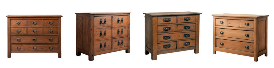 A collection of diverse vintage and rustic wooden dressers chests and cabinets in various styles sizes and colors offering versatile storage and display options for the home interior