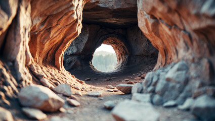 front-facing rock formation with a distinctive hole, showcasing intricate, realistic textures and detailed crevices, copy-space