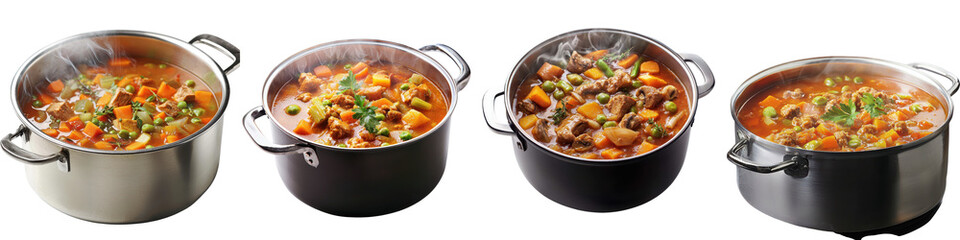 Variety of homemade savory stews and soups made with fresh vegetables meats broths and seasonings simmering in pots on the stove in a cozy kitchen setting