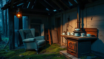 A_icon_of_In_an_ethereal,_twilight_forest,_a_dilapidated_wooden_shack_stands,_its_weathered_clapboard_exterior_a_patchwork_of_faded_blues, Generative AI