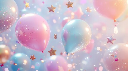 Fototapeta premium Colorful Balloons, Stars, Bokeh, Festive, Sparkles, Pastel Colors