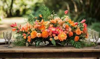 Fototapeta premium Bright orange flowers on a rustic wooden table create a lively natural display